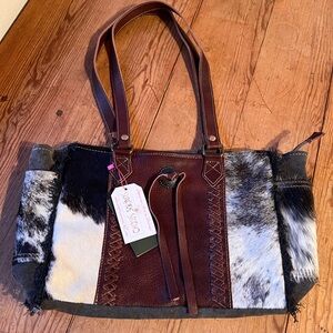 *SOLD* MYRA ROSALINDA CROSS STITCHED CANVAS & HAIRON BAG  (NWT) Leather Tote Bag